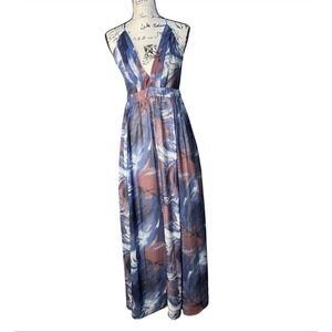 Lulumari Maxi‎ Watercolor Print Plunge V-Neck Strappy Open Back Open Size Medium